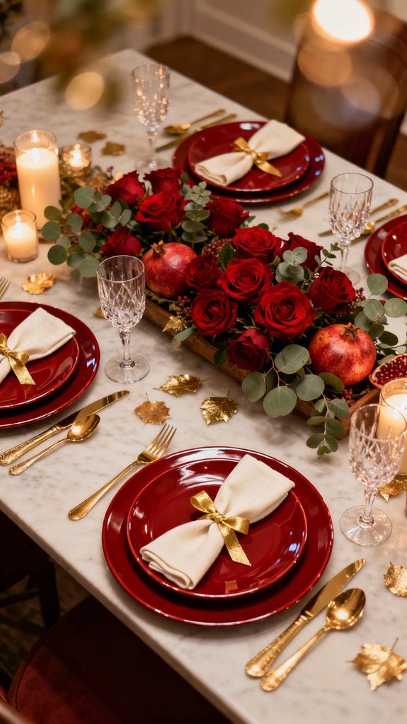 This tablescape exudes luxury with its rich red and gold palette. Tall red candles, gold-accented cutlery, and shimmering goblets create a dramatic and festive centerpiece. Add miniature white Christmas trees for a playful touch, making it ideal for transitioning from Thanksgiving to Christmas.