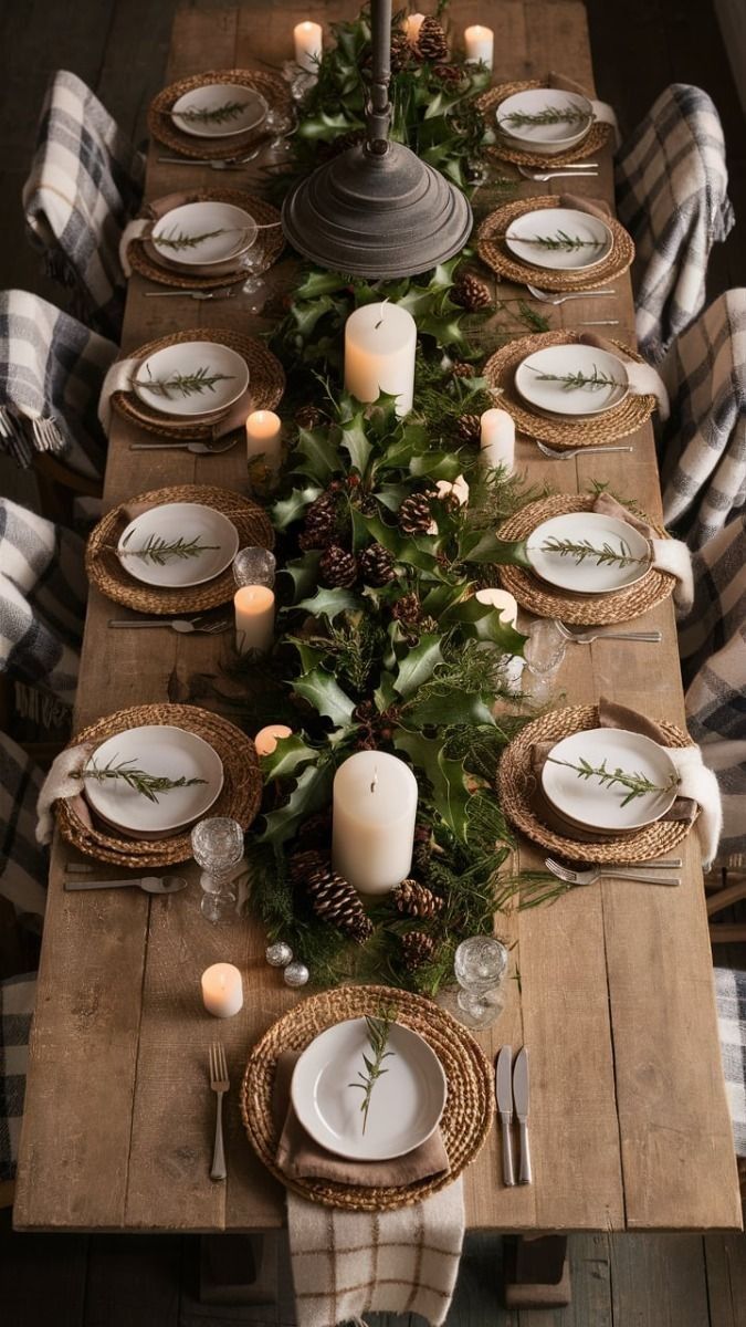 For a rustic yet magical atmosphere, use mason jars filled with candles as your main source of light. Pair these with pine branches, burlap runners, and fairy lights to create a warm, inviting tablescape. Ideal for an intimate dinner that feels straight out of a cozy cabin.