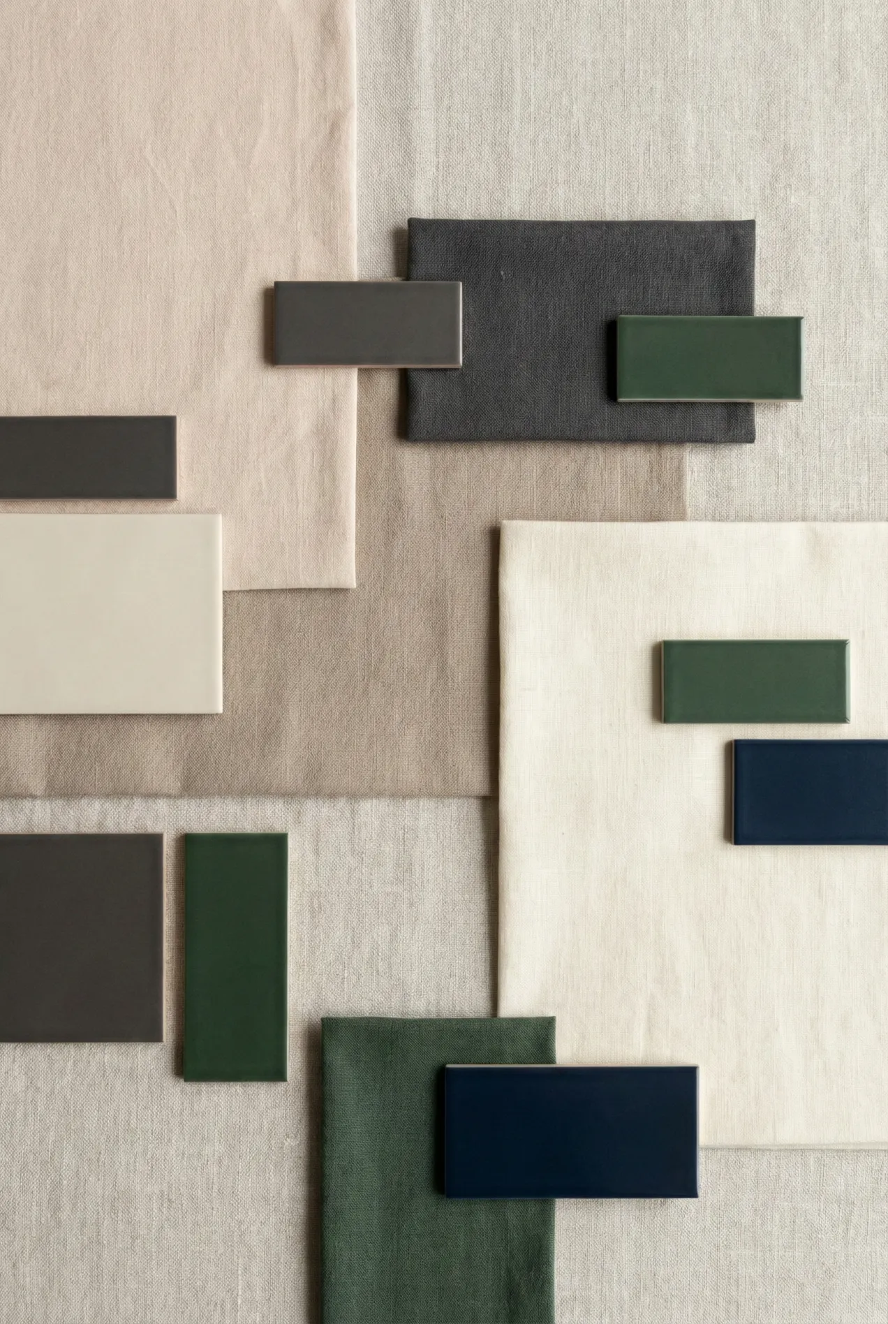 Japandi color palette with muted earthy tones including beige, taupe, cream, charcoal, deep green, and navy showing harmonious color combinations for bedroom design.