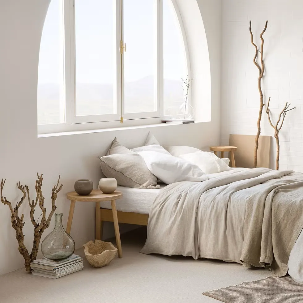 A bedroom filled with natural light through an arched window highlights Japandi's emphasis on spaciousness and simplicity. Minimal decor like wooden side tables and sculptural branches serve as understated accents, while the neutral-toned bedding enhances the room's tranquil vibe.