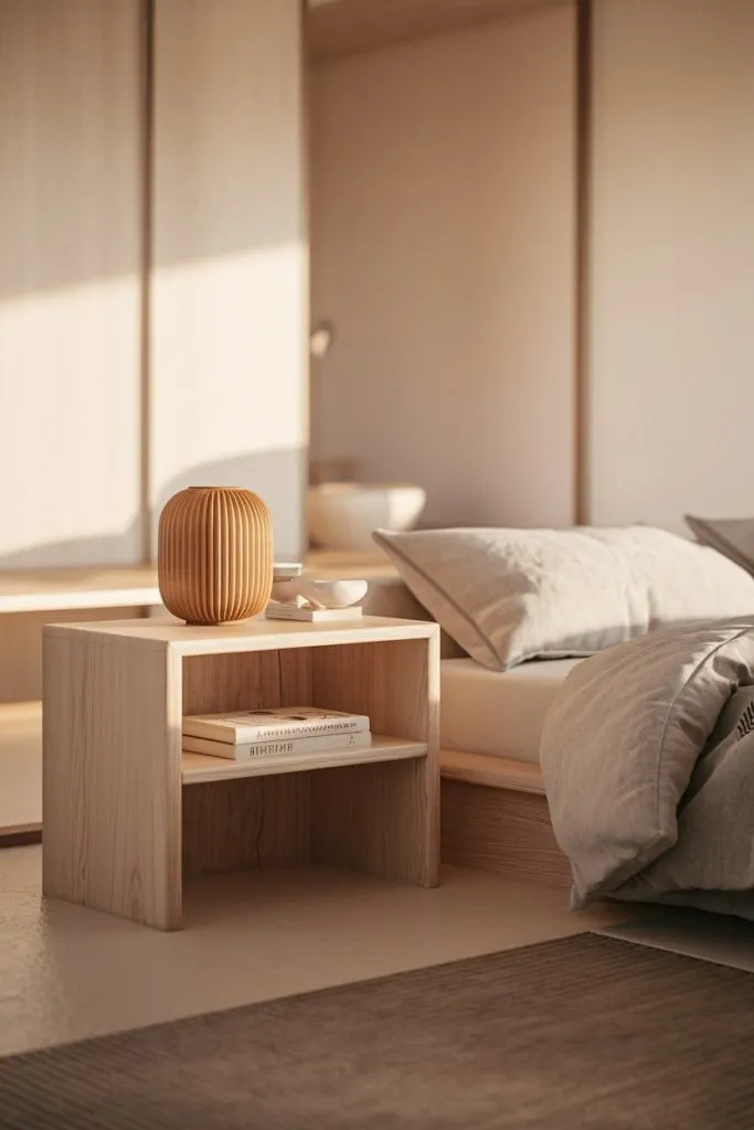 Focused on bedside simplicity, this setup emphasizes Japandi's functional elegance. The light wood nightstand houses essential items, blending seamlessly with the soft beige bedding. The ridged ceramic vase adds depth through texture while adhering to the room's muted tones.