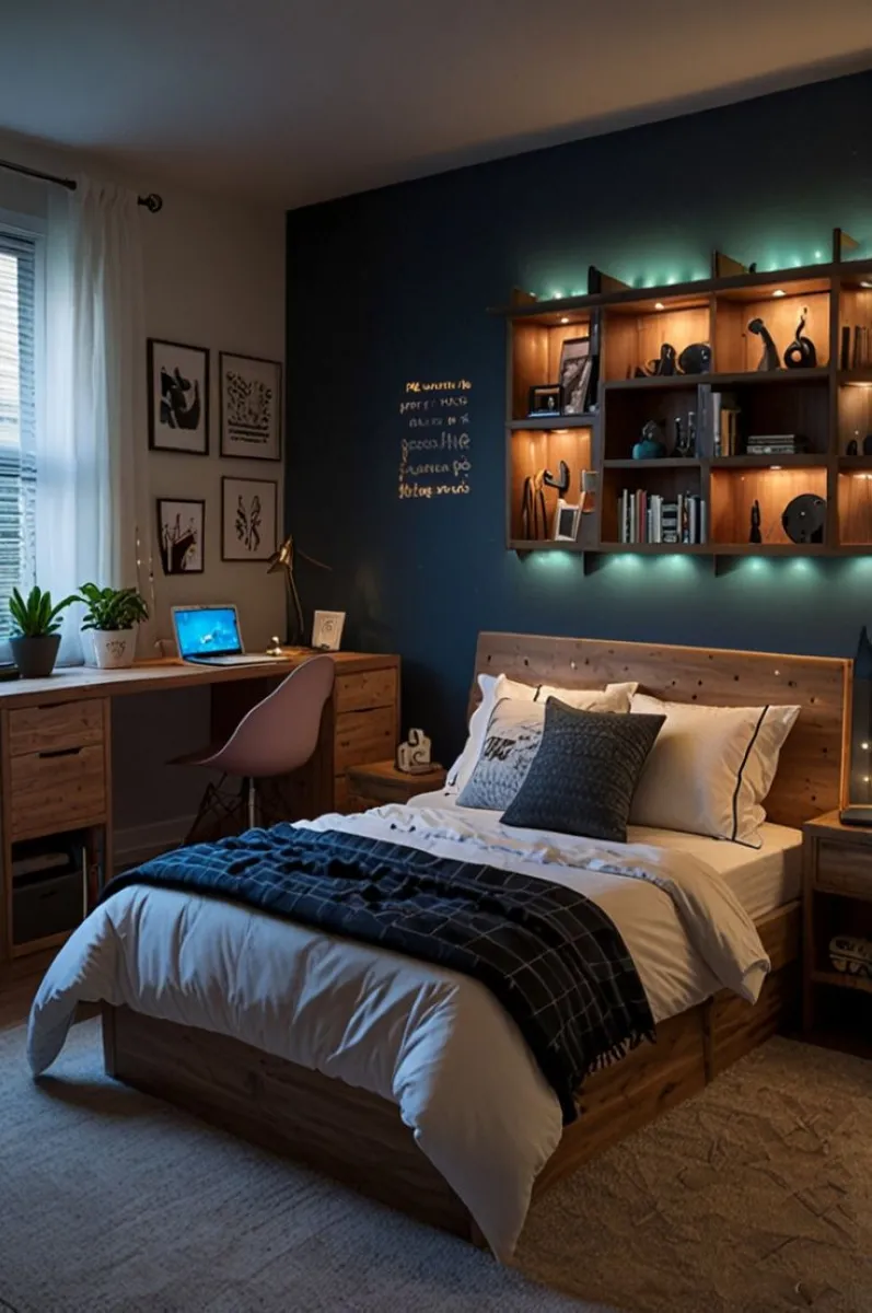 Older boys bedroom with navy walls, illuminated shelving, and functional study area
