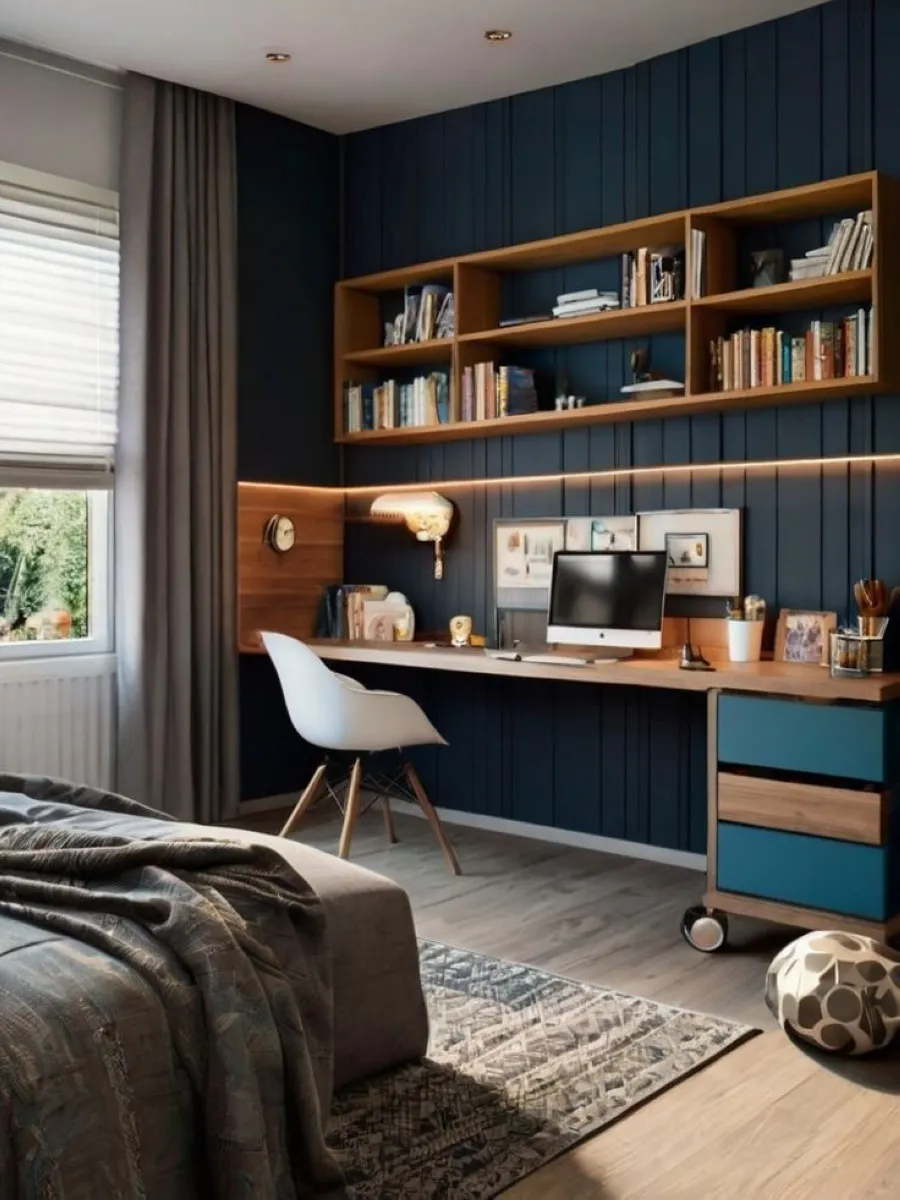 Efficient study nook with bold tones and integrated LED lighting