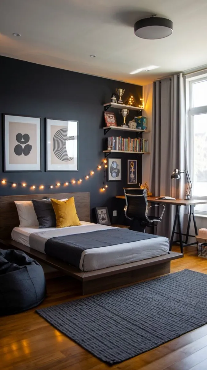 Teenage boy room with string lights and cozy ambiance