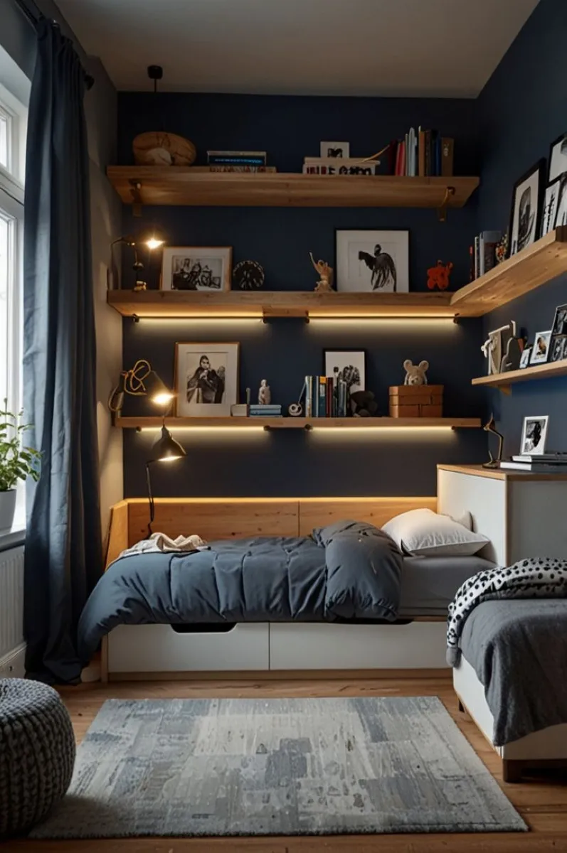 Minimalist display and cozy layout for young boys bedroom