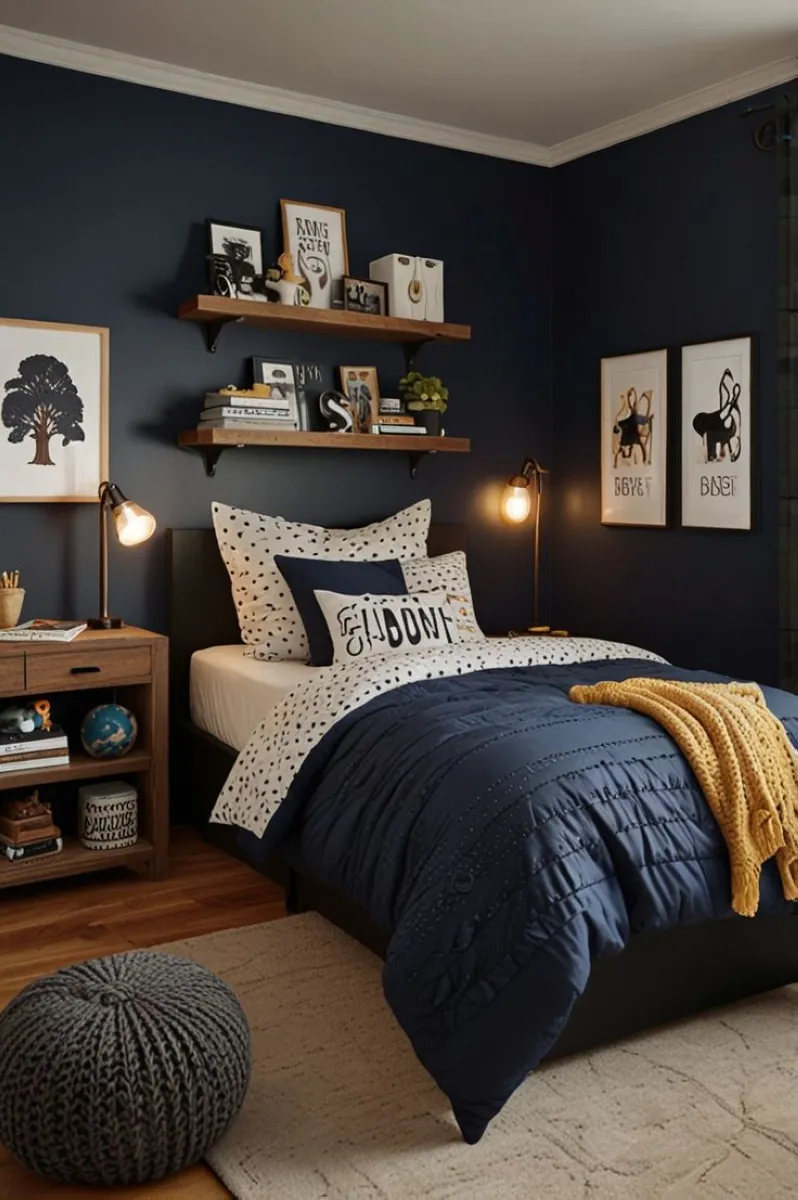 Navy and mustard color palette in teenage boy bedroom