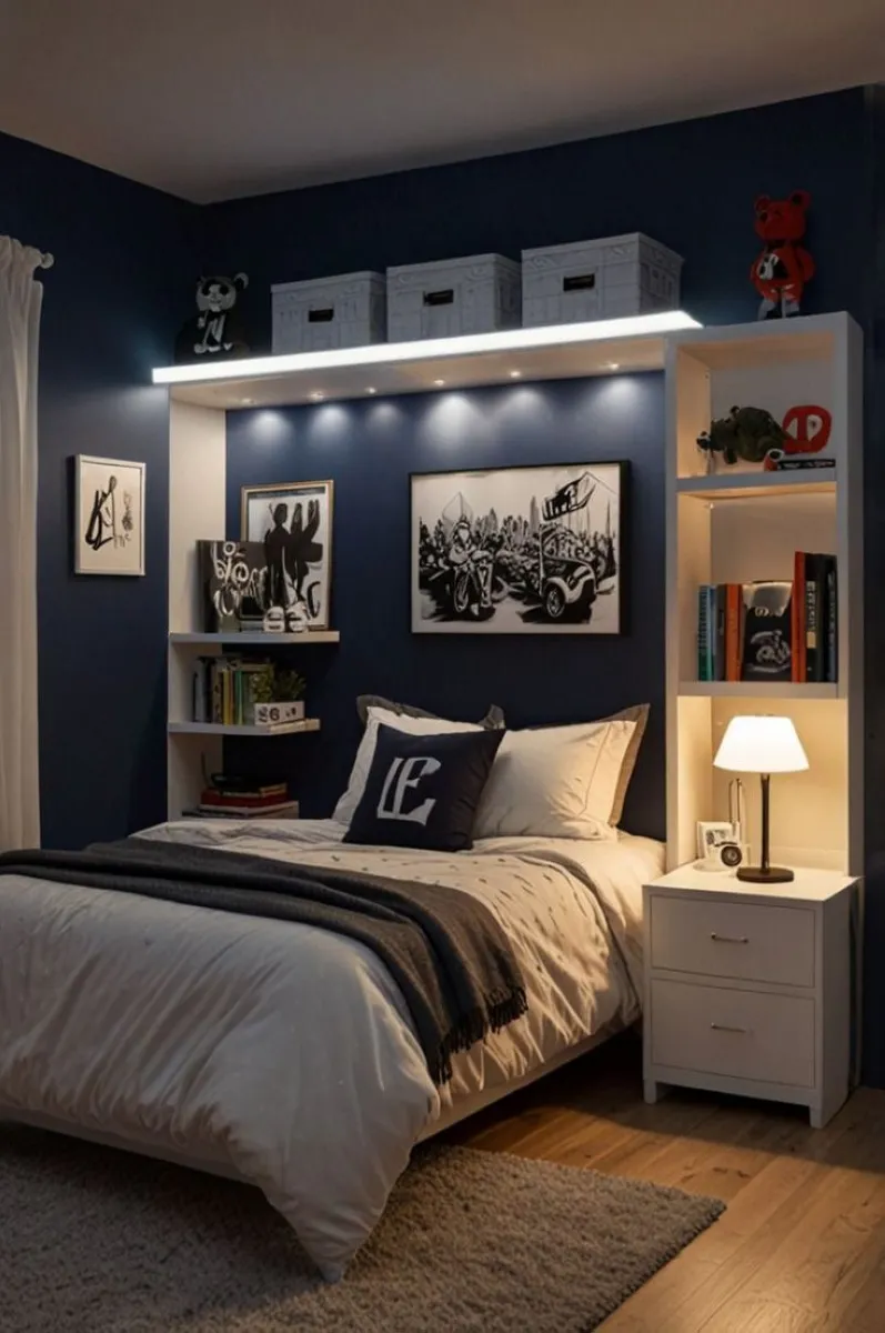 Structured shelving with personal touches in older boy's bedroom