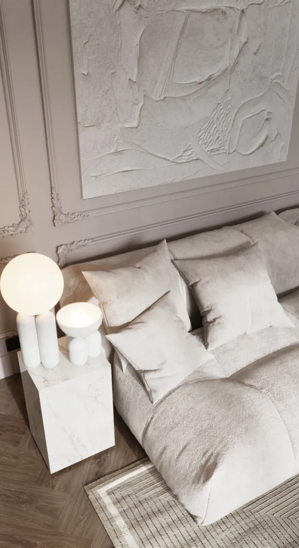 Marble and Paneling in Living Room: Elevate your living room with intricate paneling and marble accents. A true blend of luxury design and timeless elegance. #LuxuryLivingRoom #InteriorDesign 