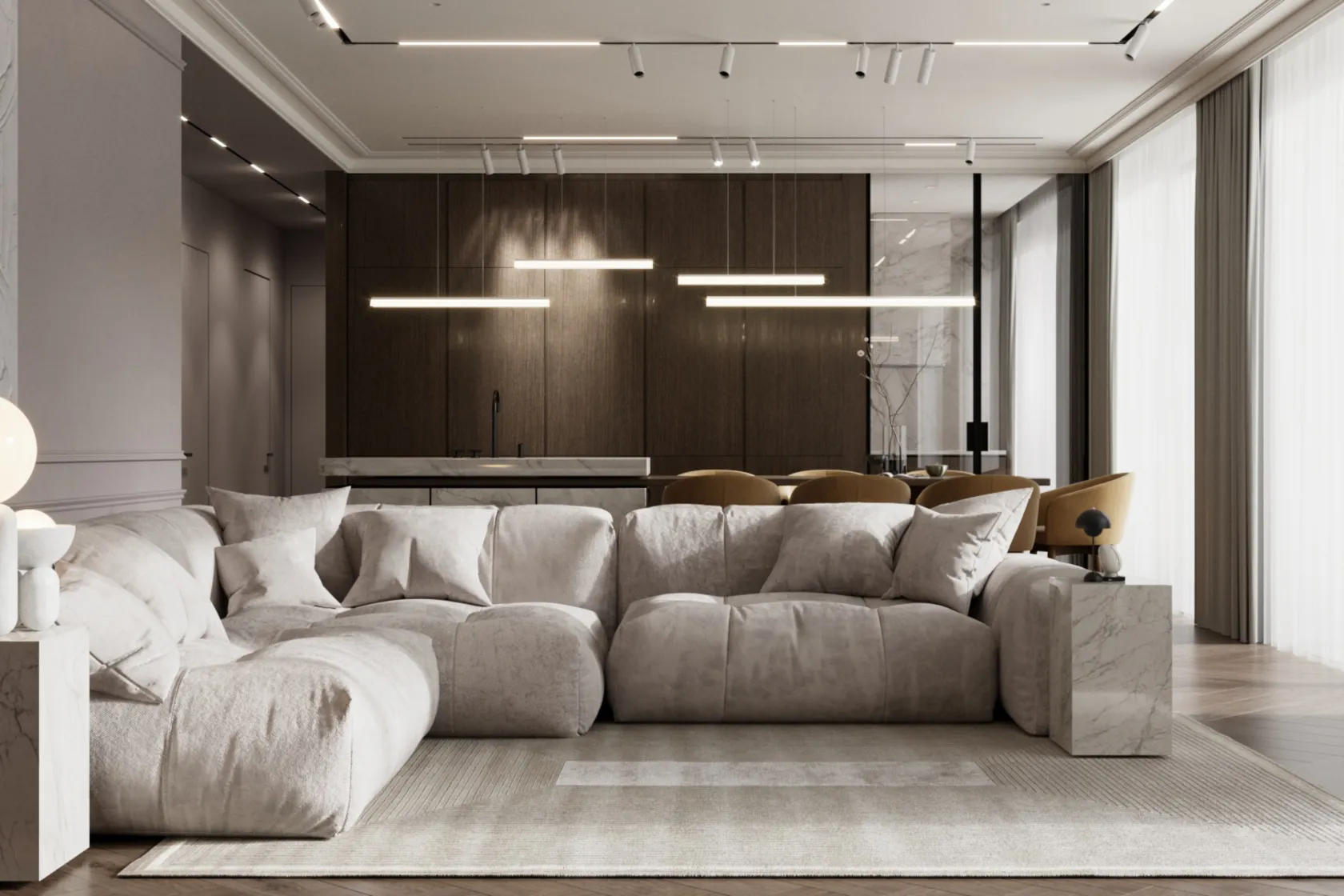 Marble and Paneling in Living Room Elevate your living room with intricate paneling and marble accents. A true blend of luxury design and timeless elegance. #LuxuryLivingRoom #InteriorDesign