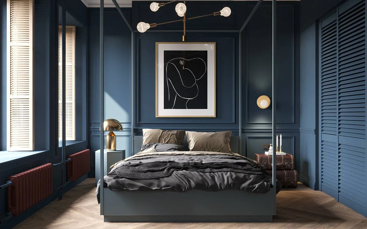 Bedroom with deep blue walls, luxurious bed with soft bedding, modern nightstands, bold chandelier, and geometric art, creating a serene yet dramatic atmosphere