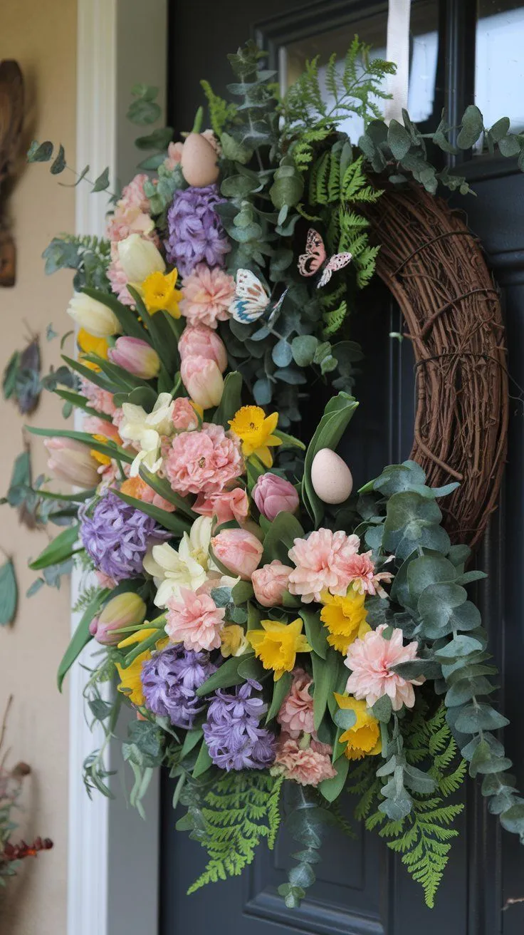 Transform your front door into a celebration of spring with this enchanting floral wreath. Packed with vibrant tulips, pastel carnations, and fresh greenery, it’s accented by delicate butterflies and decorative eggs for a whimsical touch. The combination of soft pinks, yellows, and purples creates a cheerful palette, welcoming guests with warmth and charm. Perfect for any front door, this wreath embraces spring’s playful essence while maintaining elegance.