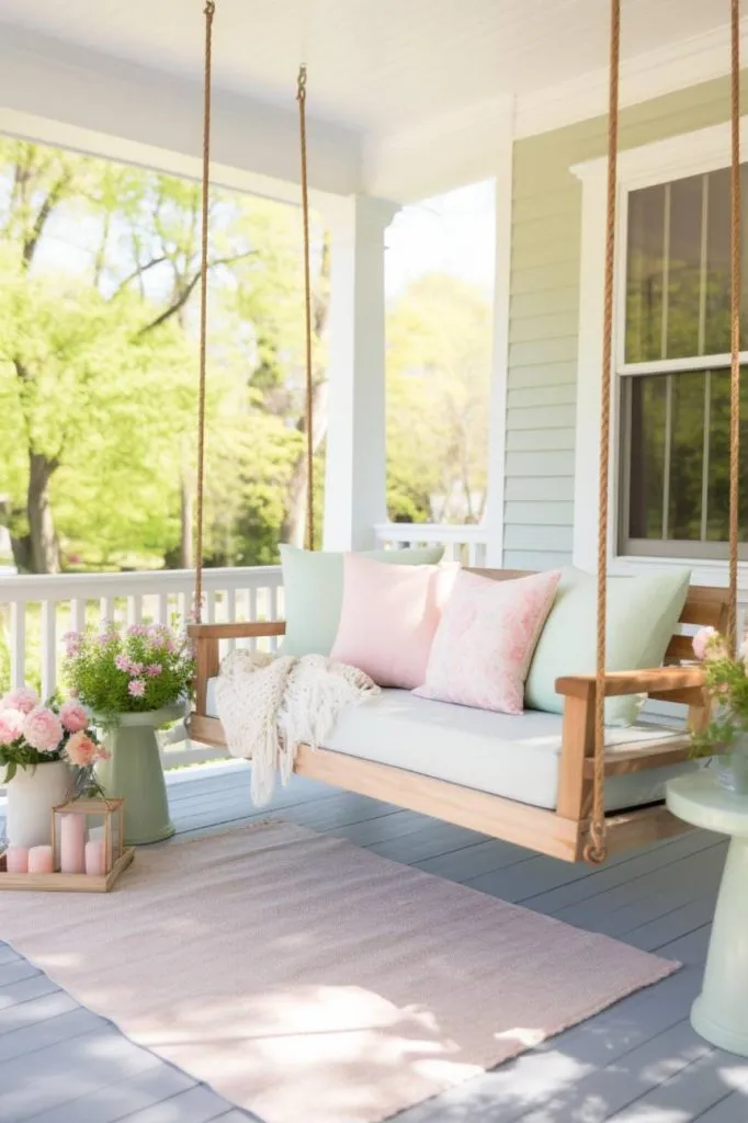 Create a dreamy relaxation spot with a wooden swing adorned with pastel cushions and a soft throw blanket. The light-colored rug and nearby floral arrangements amplify the gentle spring vibes. This decor is perfect for a front porch or backyard, offering both style and comfort.