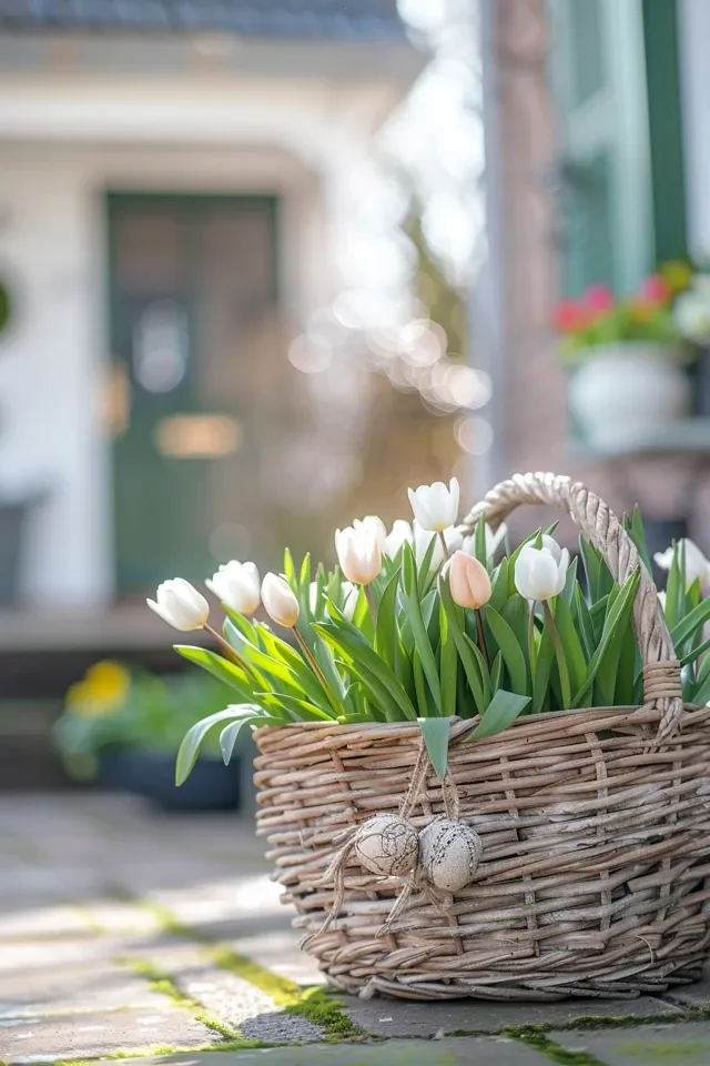 Add a touch of spring to your entrance with a wicker basket filled with blooming tulips. Pastel colors like soft pink and cream embody the freshness of the season. Pair this with moss-lined paths for a countryside charm that feels both inviting and rejuvenating.