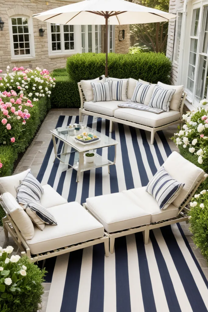 This setup perfectly blends nautical stripes and outdoor sophistication, with blue and white textiles creating a crisp, refreshing look. The lounge chairs and sofas, paired with coordinating cushions, enhance comfort while maintaining a cohesive style. A white umbrella adds a practical yet stylish touch, making it ideal for spring gatherings. Trimmed shrubs and pink rose bushes surround the area, providing a natural frame. Incorporating marine-inspired details or decor items in navy tones can elevate this spring patio vibe.