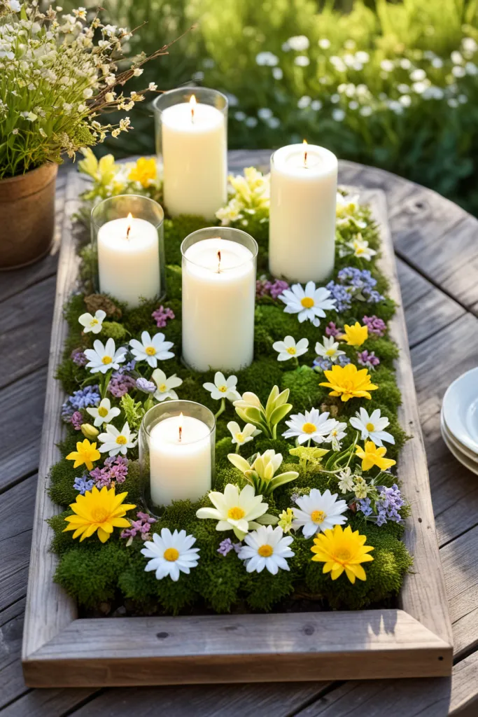 This charming centerpiece combines the warmth of candles with the brightness of spring blooms. A wooden tray layered with moss creates a lush, green base, while daisies and yellow accents bring life and cheerfulness to the table. The pillar candles in glass holders add elegance, creating an inviting atmosphere for outdoor dinners or garden parties. It’s a simple yet impactful way to incorporate nature into your spring decor while adding a cozy glow to evening events.