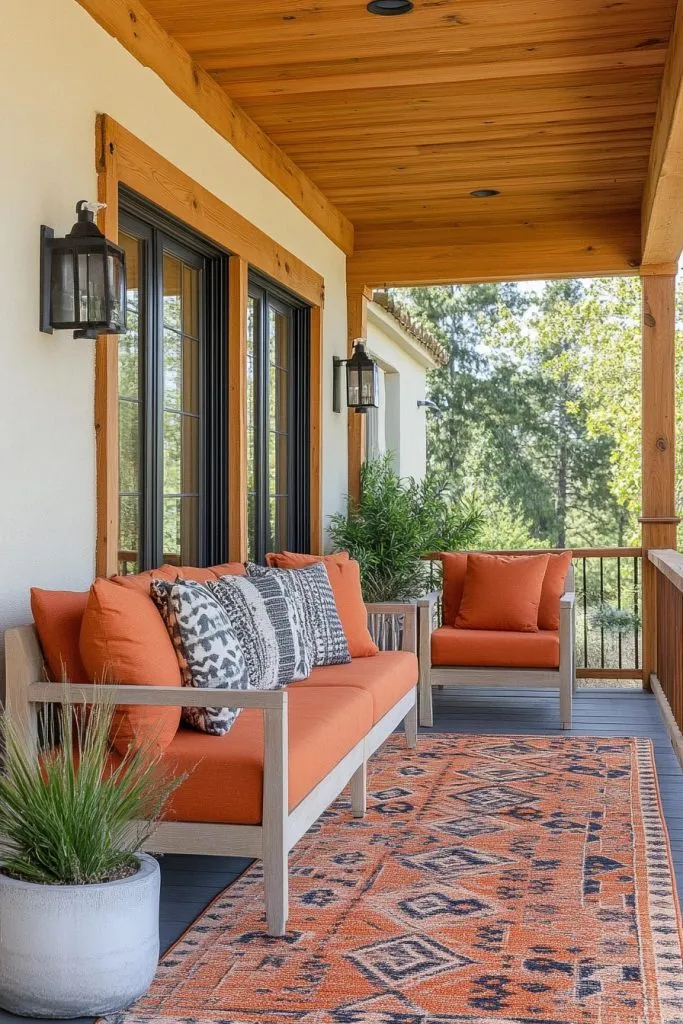 This vibrant porch design is all about embracing bold, cheerful colors. The orange seating and patterned cushions make a lively statement, while the matching rug ties the look together. Wooden elements, such as the ceiling and furniture frames, add a rustic contrast to the bright tones. Incorporating greenery in planters helps balance the vibrancy, creating a welcoming and lively space that’s perfect for spring afternoons and sunset views.