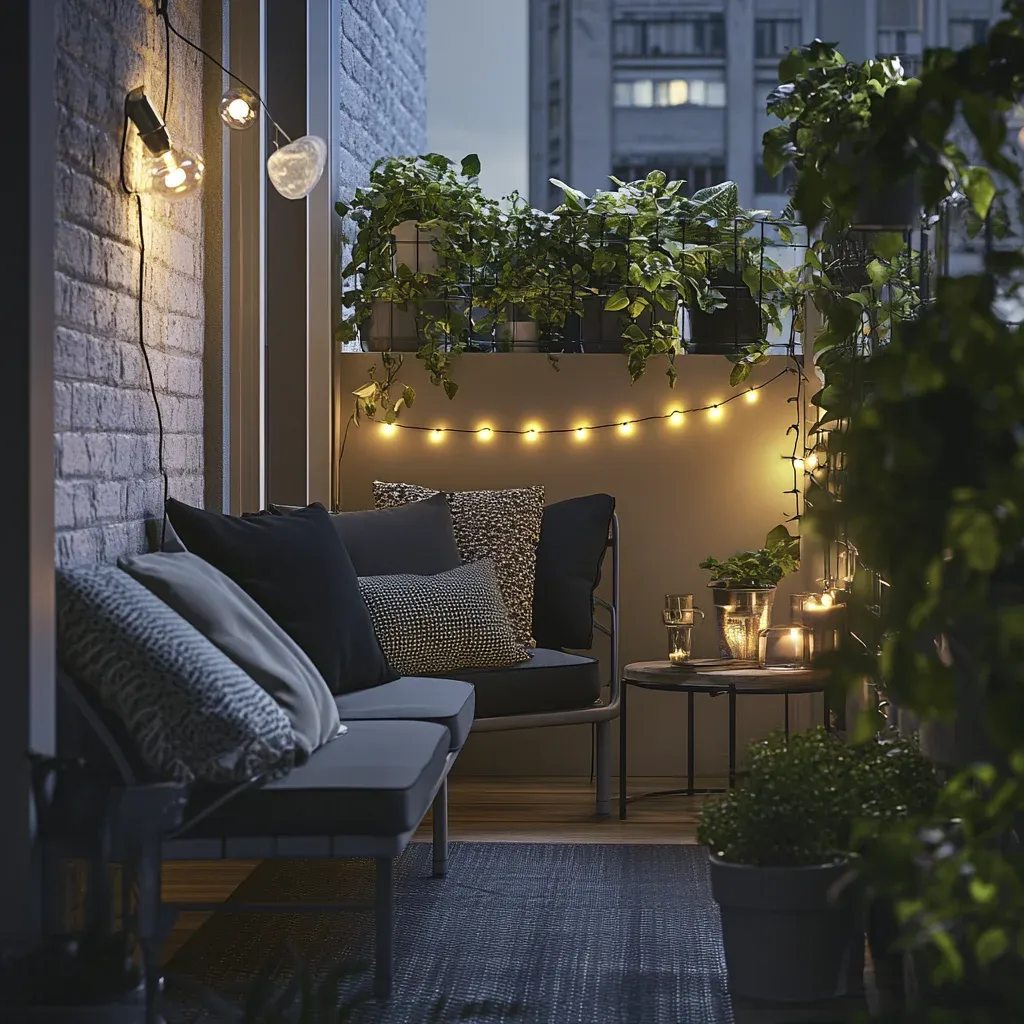 This urban balcony exudes charm and intimacy with its soft lighting and cozy seating. String lights draped along the walls create a magical ambiance, ideal for evening relaxation or hosting friends. The combination of potted greenery and simple black-and-white decor makes it feel effortlessly chic. Adding a throw blanket or small decorative accents can personalize this compact outdoor retreat, making it feel like a natural extension of your home.