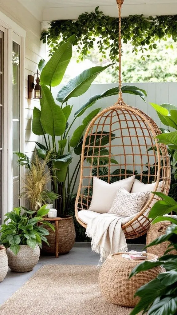 Elevate your outdoor seating area with a rattan hanging chair surrounded by tropical plants. The earthy tones of the furniture blend seamlessly with the greenery, creating a tranquil sanctuary. Add woven rugs and poufs to tie the look together while keeping the space comfortable.