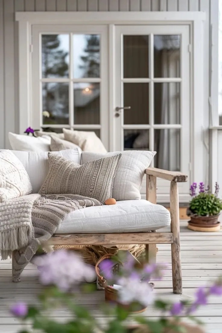 Create a serene front porch with simple wooden benches and soft, knitted throws. Neutral shades like beige and gray keep the focus on comfort and simplicity. A few well-placed pots with purple blooms add a subtle pop of color, making the area welcoming yet understated.