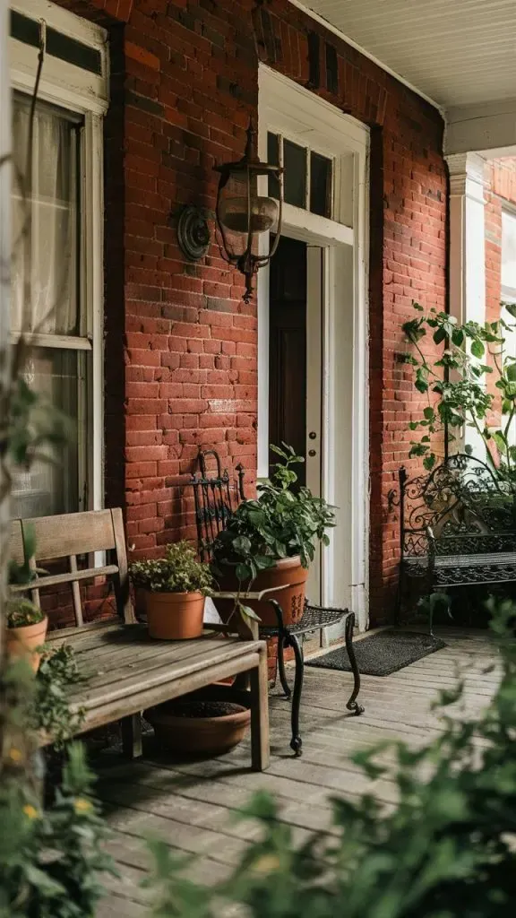 Enhance your outdoor space with a vintage vibe by combining brick walls with wooden benches. Potted plants in terracotta pots bring a rustic touch, while the black iron furniture adds character. This setup is ideal for adding timeless elegance to your home’s exterior.