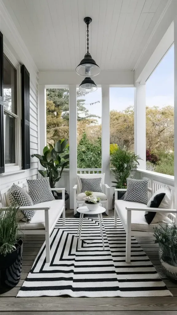 Black-and-white stripes bring a modern edge to this classic porch setup. White seating framed with lush greenery maintains balance, while patterned cushions and a bold rug add personality. A monochrome design like this is perfect for a sleek, updated look.
