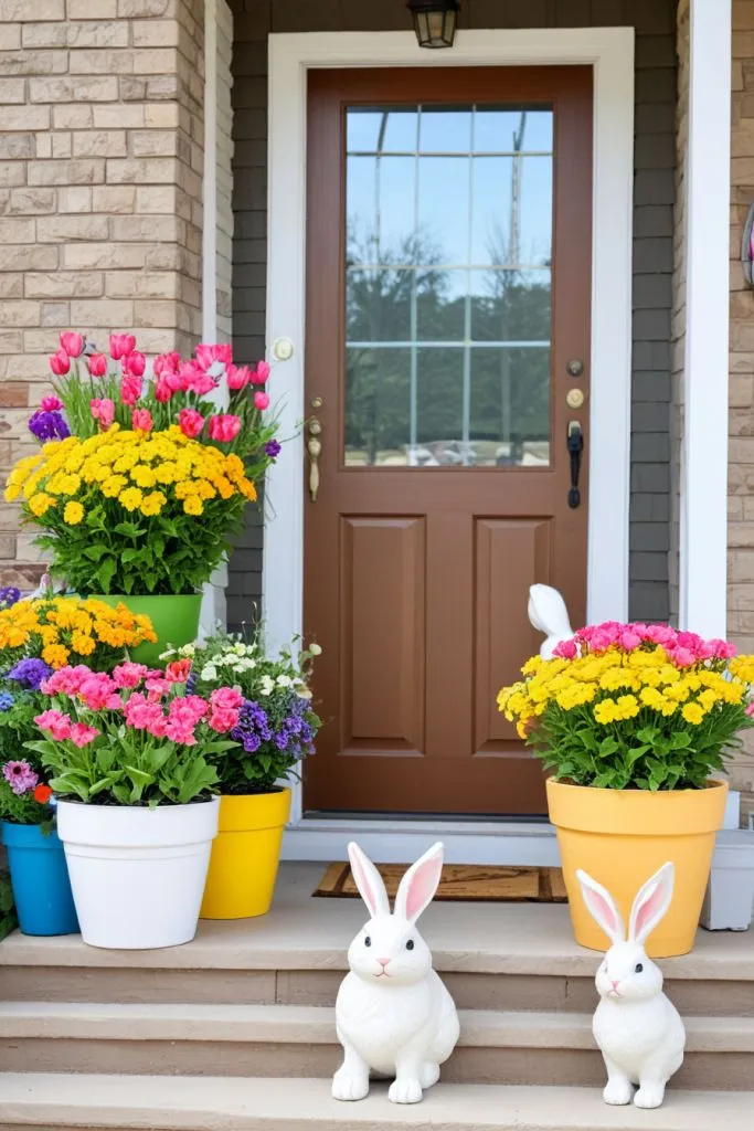 Brighten your doorway with colorful flower pots in cheerful hues like yellow, pink, and green. Arrange them at different heights for added interest. Add playful accents like ceramic bunny figurines for a whimsical spring touch that stands out.