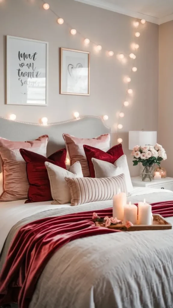 Lighting plays a crucial role in creating a romantic atmosphere. Incorporate string lights, lanterns, and candles throughout your space to achieve a warm and cozy glow. Battery-operated candles are perfect for a safe, hassle-free option that still delivers on ambiance.