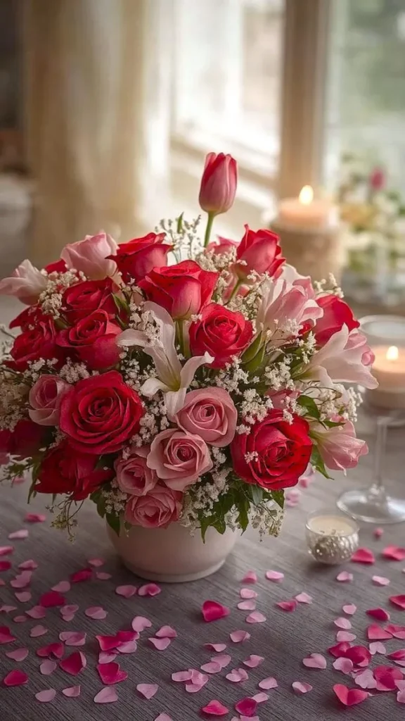 No Valentine’s Day decor is complete without flowers. Go beyond the traditional red roses and experiment with peonies, tulips, or even dried arrangements for a modern twist. Use them in vases, as part of your table centerpiece, or even tied to the back of dining chairs for an elegant touch.