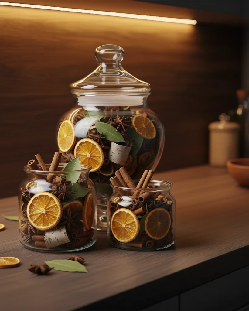 Glass apothecary jars filled with layers of dried orange slices, cinnamon sticks, star anise, and bay leaves. These make beautiful countertop displays or thoughtful DIY host gifts. A natural way to bring the scent of Christmas into the kitchen before simmering on the stove. #stovetoppotpourri #diygifts #naturalhome #driedfruit #christmassteals