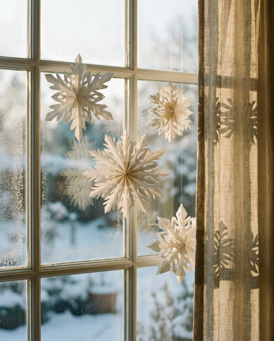 Intricate white paper snowflakes hanging in a window frame. The natural light filters through the paper layers, creating a bright winter scene against the glass. A classic, low-cost DIY idea to dress up bare windows and bring a snowy feel indoors. #winterdecor #windowstyling #papercrafts #snowflakes #holidaydiy