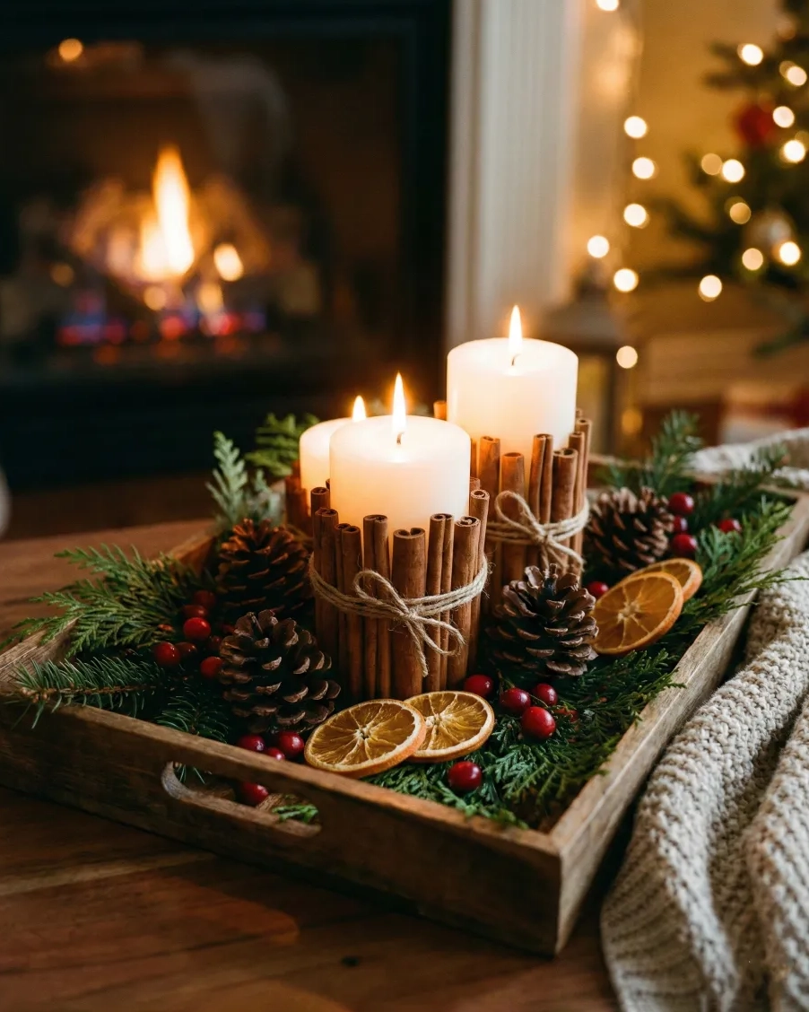 White pillar candles wrapped in real cinnamon sticks and secured with rustic twine. Arranged on a wood tray with pinecones, dried orange slices, cranberries, and fir branches. A fragrant centerpiece idea for coffee tables or holiday dining. #candledecor #centerpieceideas #naturalchristmas #cinnamonsticks #tabletop