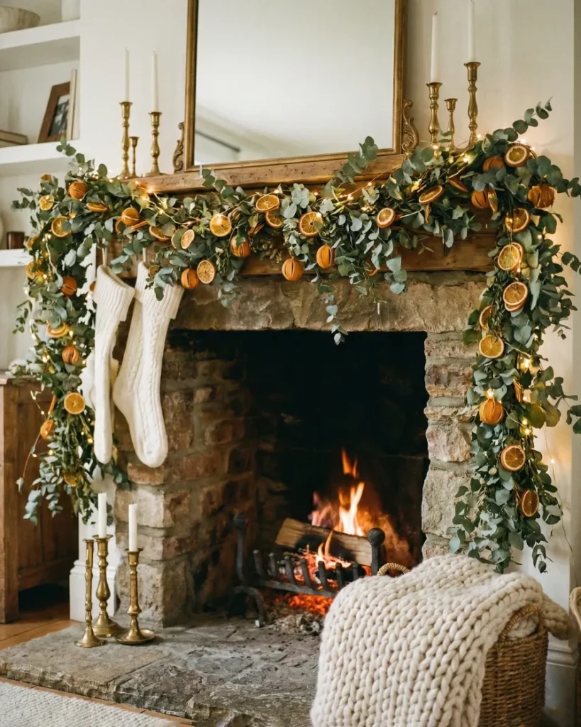 A lush, organic mantel display mixing fresh eucalyptus branches with dried citrus slices. Warm fairy lights weave through the greenery to highlight the brass candlesticks and chunky knit white stockings. A traditional yet natural approach to fireplace styling. #manteldecor #eucalyptusgarland #driedcitrus #organicchristmas #farmhousedecor