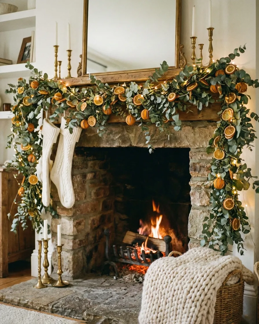 A lush, organic mantel display mixing fresh eucalyptus branches with dried citrus slices. Warm fairy lights weave through the greenery to highlight the brass candlesticks and chunky knit white stockings. A traditional yet natural approach to fireplace styling. #manteldecor #eucalyptusgarland #driedcitrus #organicchristmas #farmhousedecor