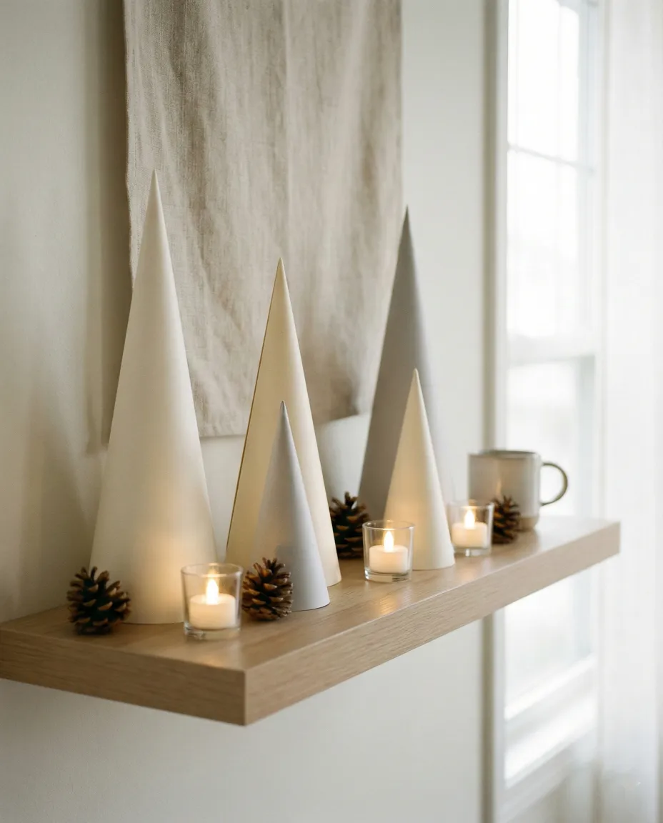 Simple cardstock cone trees styled on a wooden floating shelf. A mix of cream, white, and grey tones creates a clean Scandinavian aesthetic. Paired with small glass votive candles and pinecones for a soft, modern holiday display. A budget-friendly paper craft that adds height to neutral mantels. #papercrafts #minimalistchristmas #scandidecor #mantelstyling #diyhomedecor