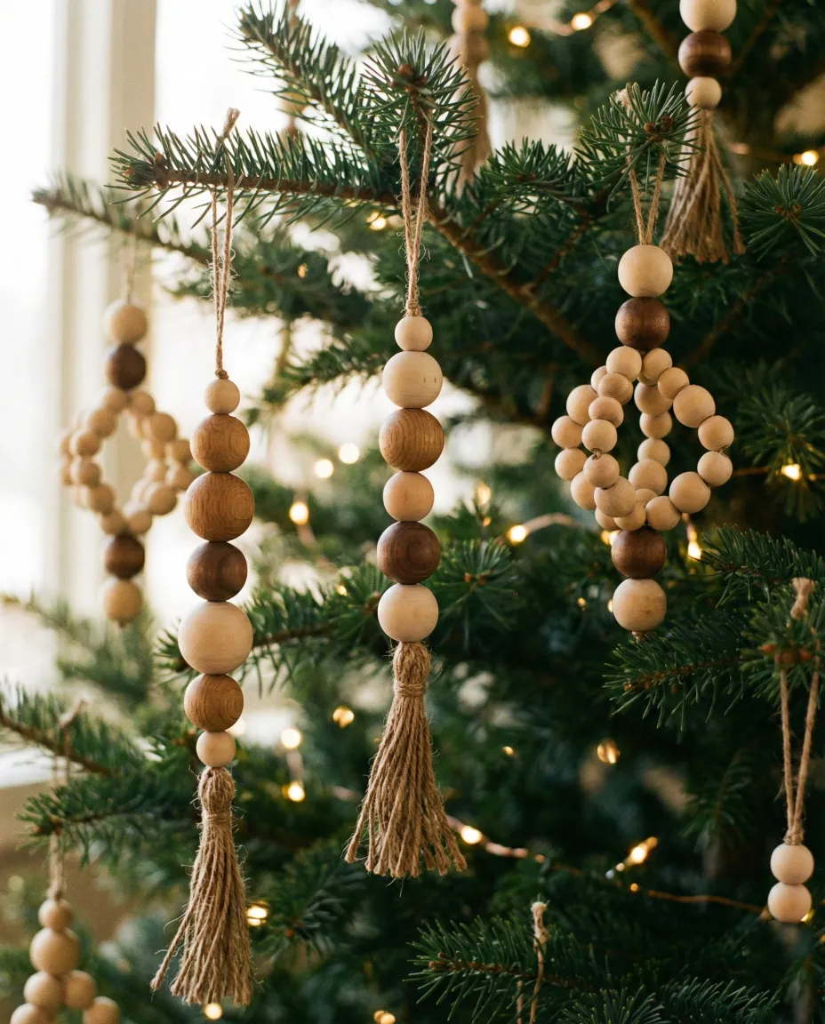 Geometric ornaments crafted from natural and dark-stained wooden beads. Finished with simple jute tassels. These handmade decorations bring a distinct Scandinavian or boho texture to the Christmas tree. An easy threading craft for a custom holiday look. #woodbeads #diyornaments #bohotree #scandichristmas #naturaldecor