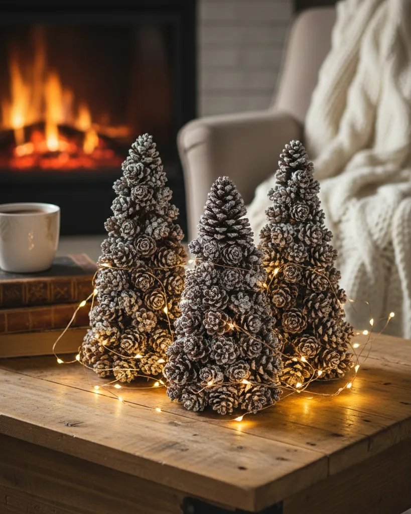 Large pinecones styled as miniature Christmas trees with frosted tips to mimic snow. Wrapped in delicate copper wire fairy lights for a warm glow. A cozy, nature-inspired detail perfect for side tables, bookshelves, or hearths. # pineconecrafts #rusticdecor #fairylights #winterdiy #naturecrafts