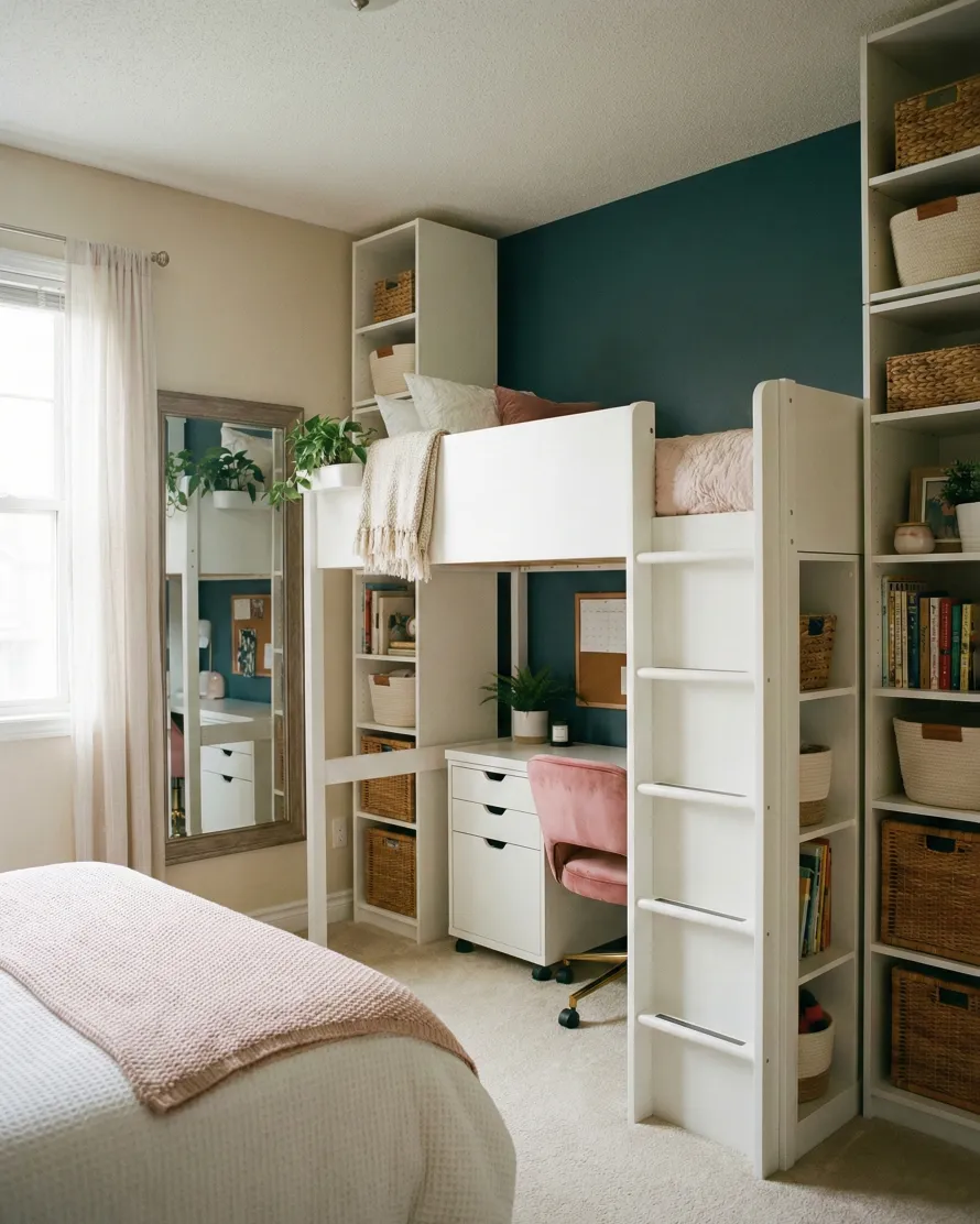 Small teen girl bedroom design with space-saving furniture