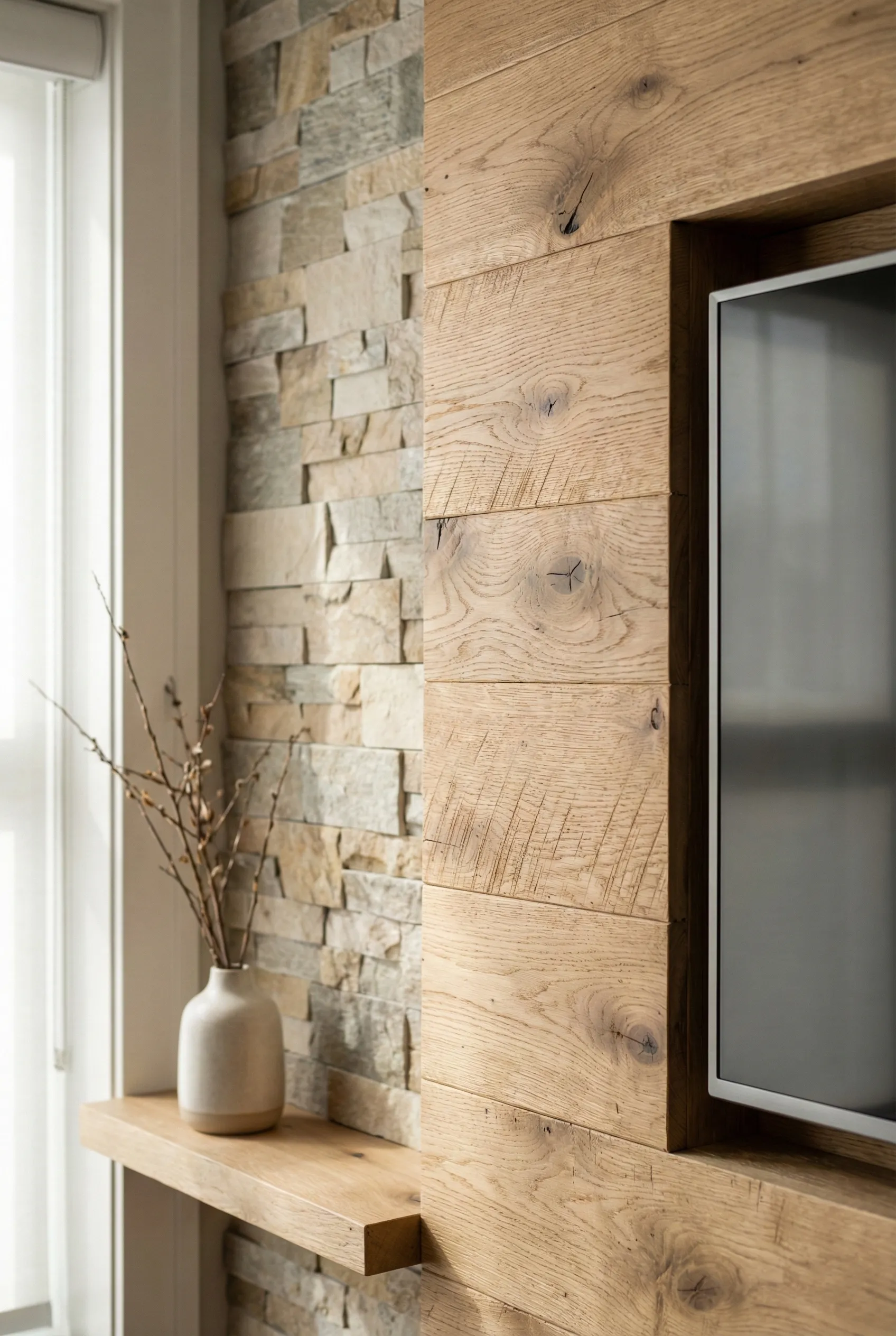 See how raw wood paneling and stone veneers create texture and warmth in modern TV wall designs. Learn how to balance natural materials with clean lines for a contemporary look.