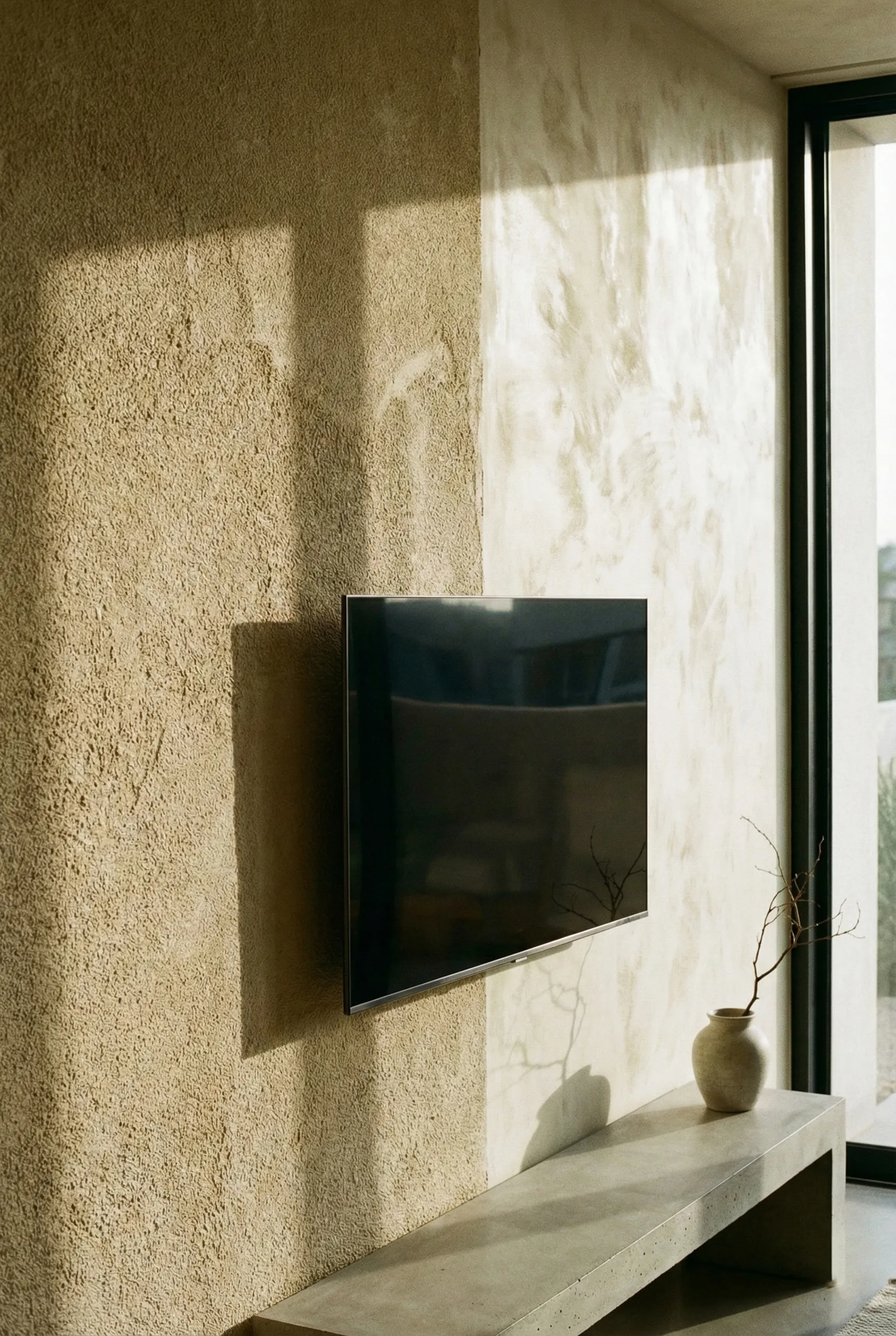 Explore textural paint finishes like sand texture and lime wash for TV walls. These finishes add depth and movement without overwhelming the space, perfect for contemporary design.
