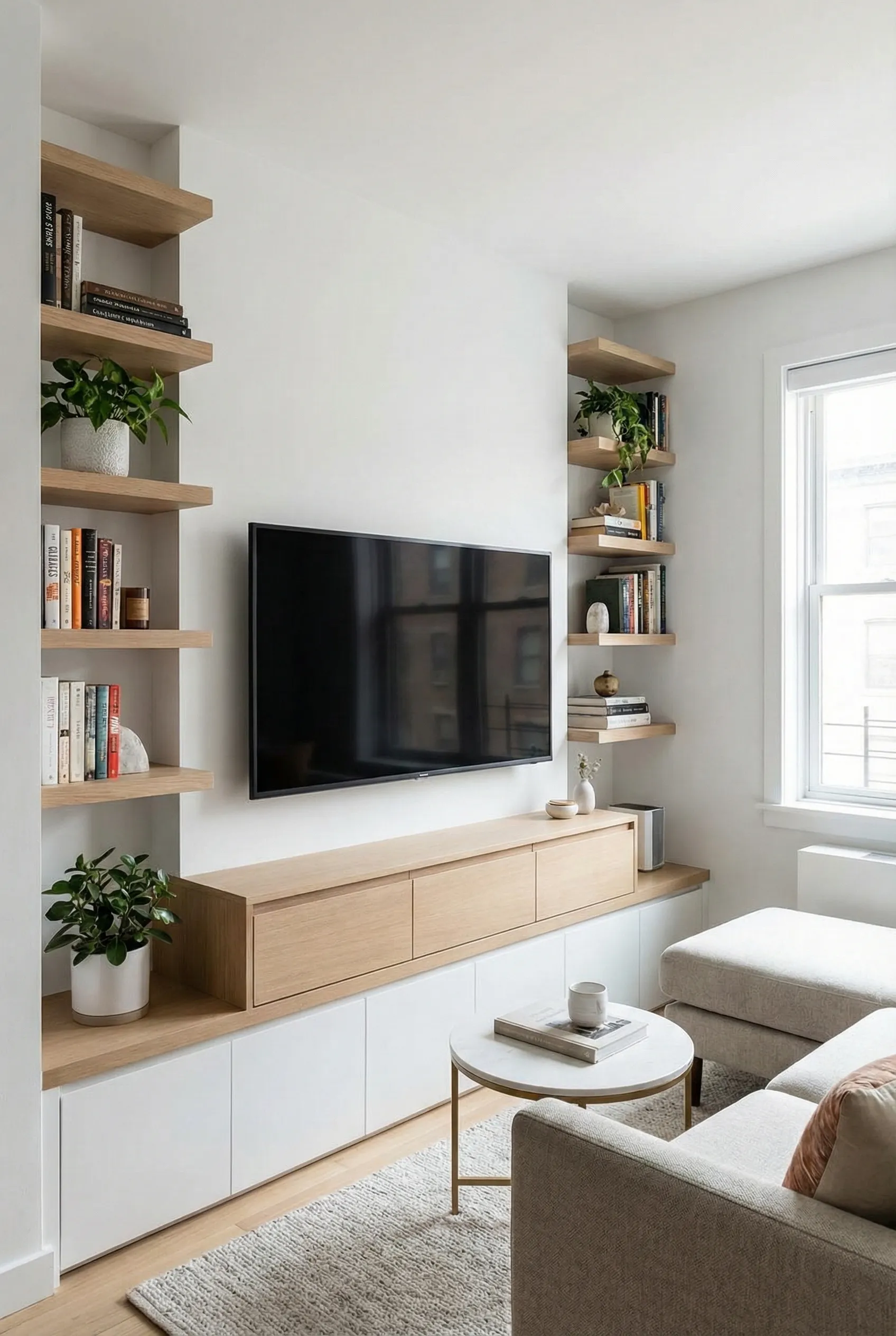 See how to create a multifunctional TV wall with integrated storage, floating shelves, and media units. Perfect for small living rooms where every square foot matters.