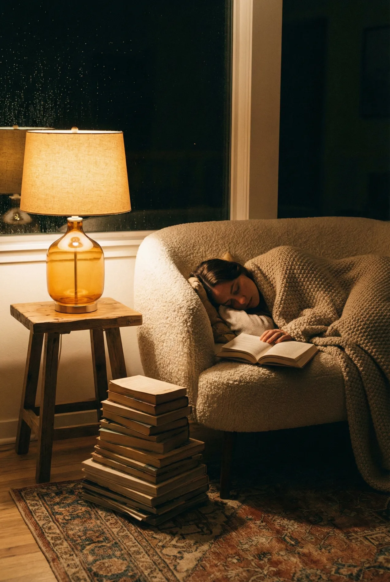 Warm amber lighting in a cozy reading nook without technology for 2026 sanctuary trends.
