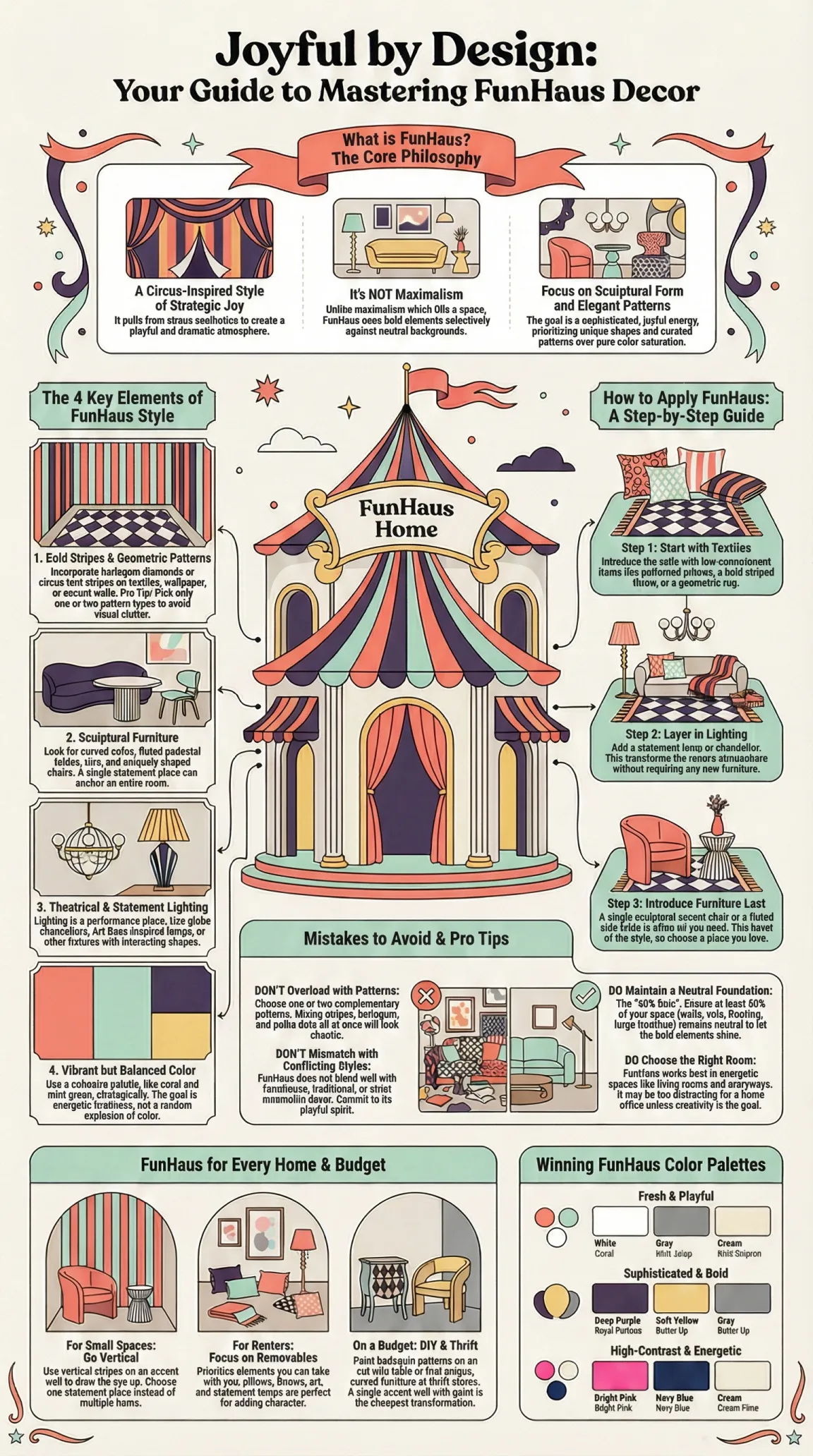 Learn the smart approach to FunHaus decor: start with textiles. See how harlequin-pattern pillows, bold rugs, and colorful throws can introduce the playful aesthetic without major commitment. Easy to swap if you change your mind.