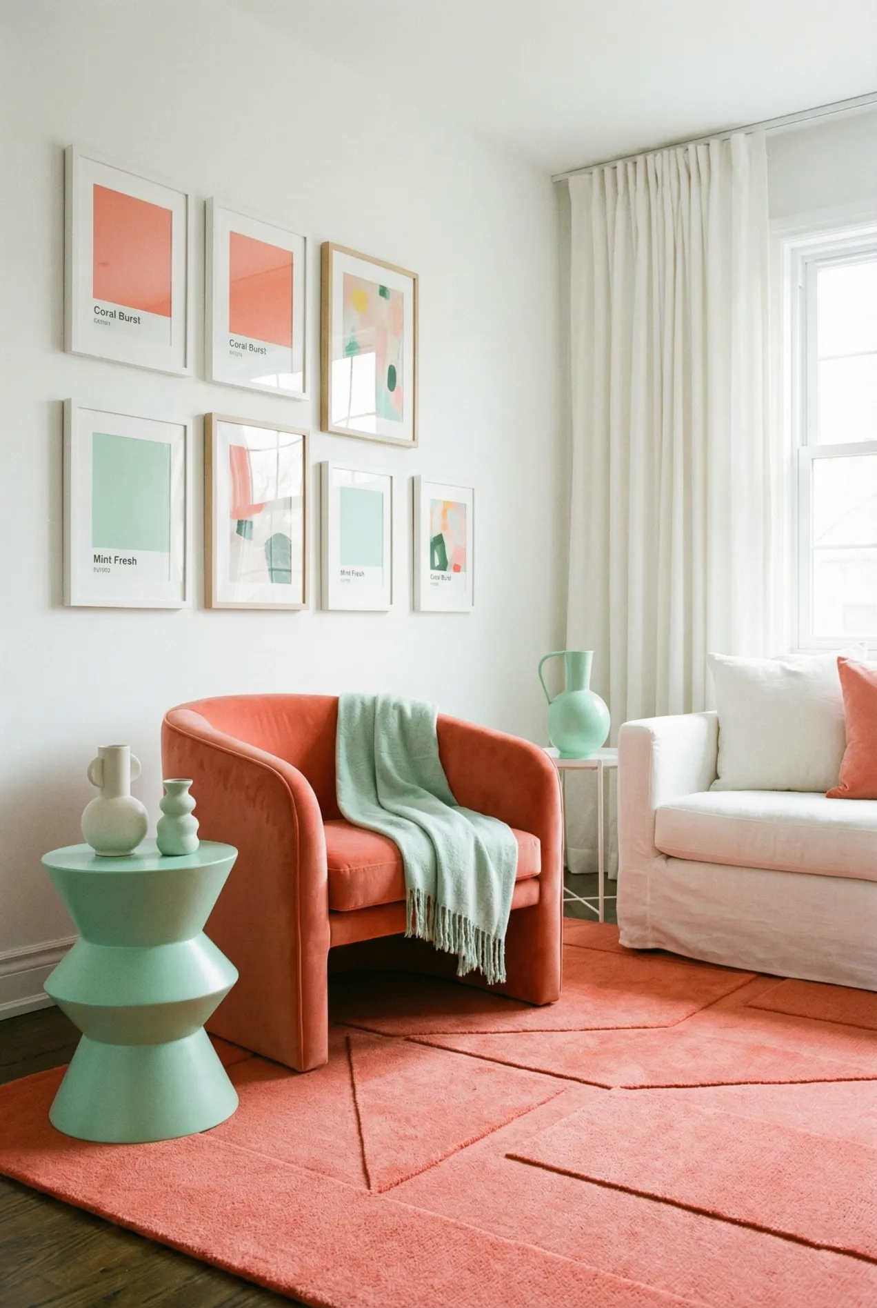 See the coral and mint green FunHaus color palette in action. Learn how to use Sherwin-Williams Coral Reef and Benjamin Moore Mint Julep together strategically. Get paint codes and see how these colors create a fresh, playful space.