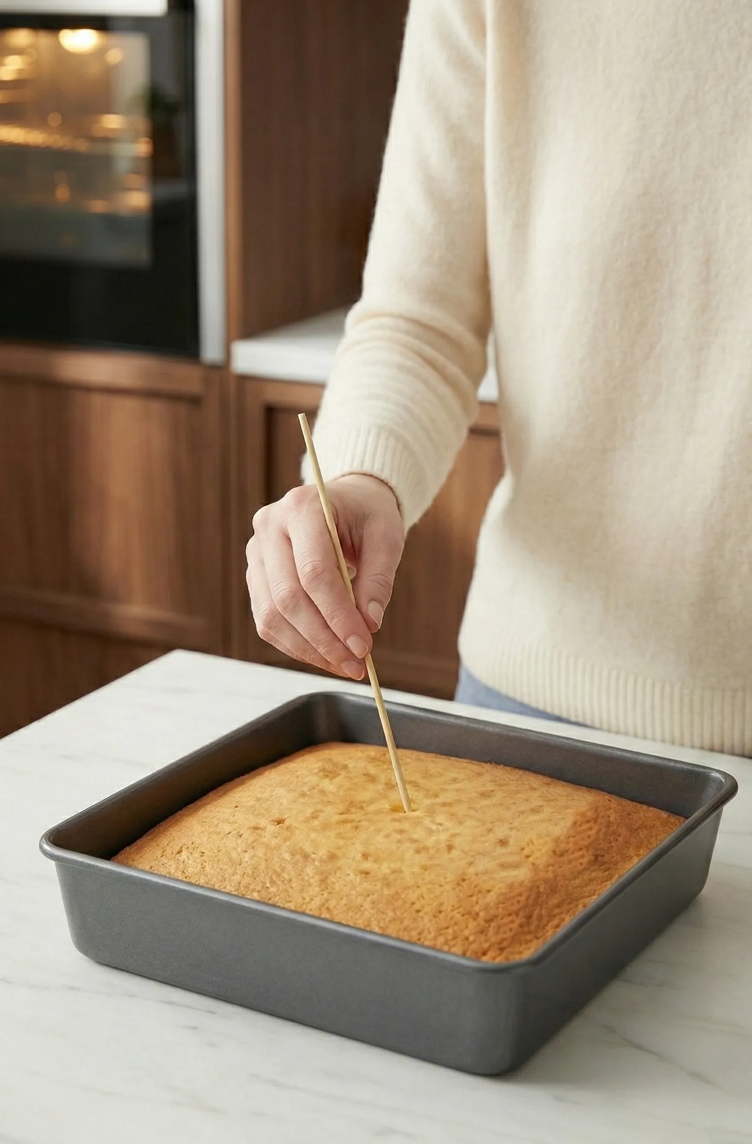 Learn the proper way to test if your cake is fully baked using the skewer test. Insert a skewer into the center - if it comes out clean, your cake is ready. This simple technique ensures perfectly baked cakes every time.