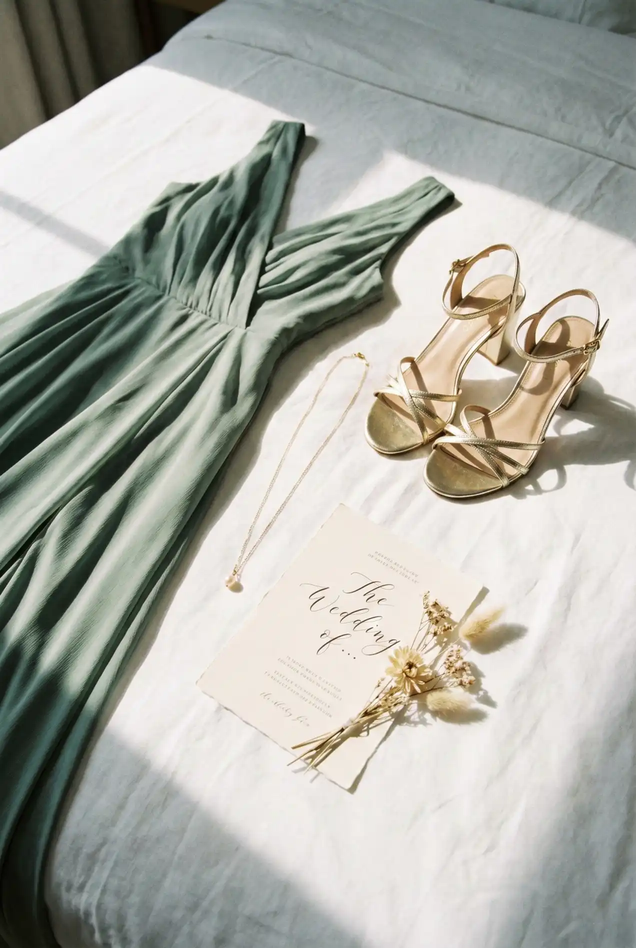 Affordable wedding guest dress and bridesmaid inspiration flat lay. Sage green dress paired with gold heels and accessories. Shopping guide for budget-friendly evening wear including Azazie bridesmaid dresses and Amazon Fashion finds.