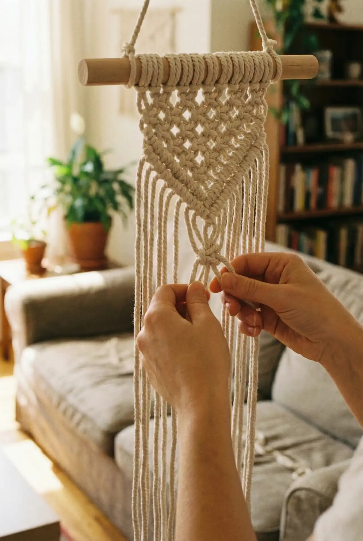Intimidated by macramé? Don't be. You can make a stunning wall hanging with just one or two basic knots. See the easy pattern guide here.