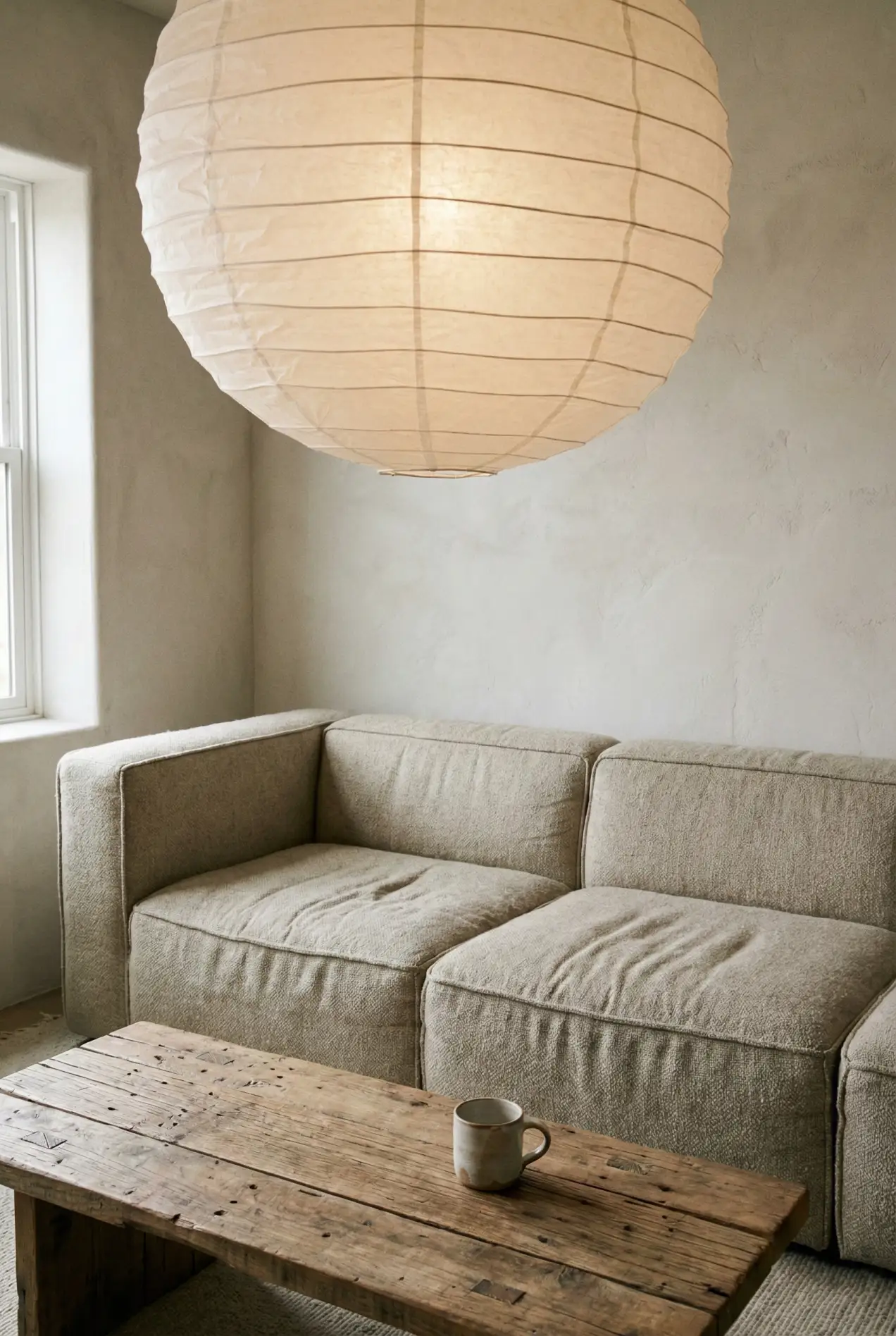 Want your living room to feel bigger and calmer? Try low-profile sofas and paper lanterns. The ultimate Japandi styling trick. #LivingRoomIdeas #MinimalistHome