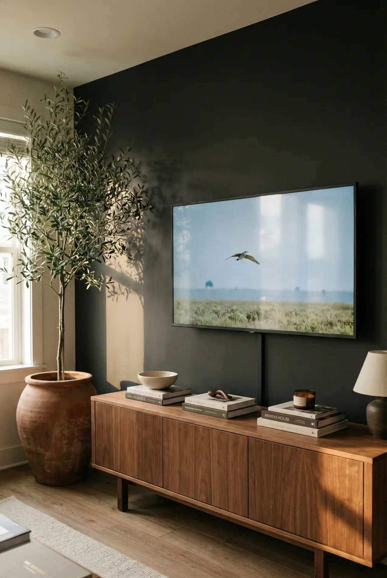 If you have to look up to watch Netflix, your TV is wrong. Here is the golden rule for TV height and how to anchor it with the right console size to make your room feel grounded. #tvmounting #decorfails #livingroomlayout